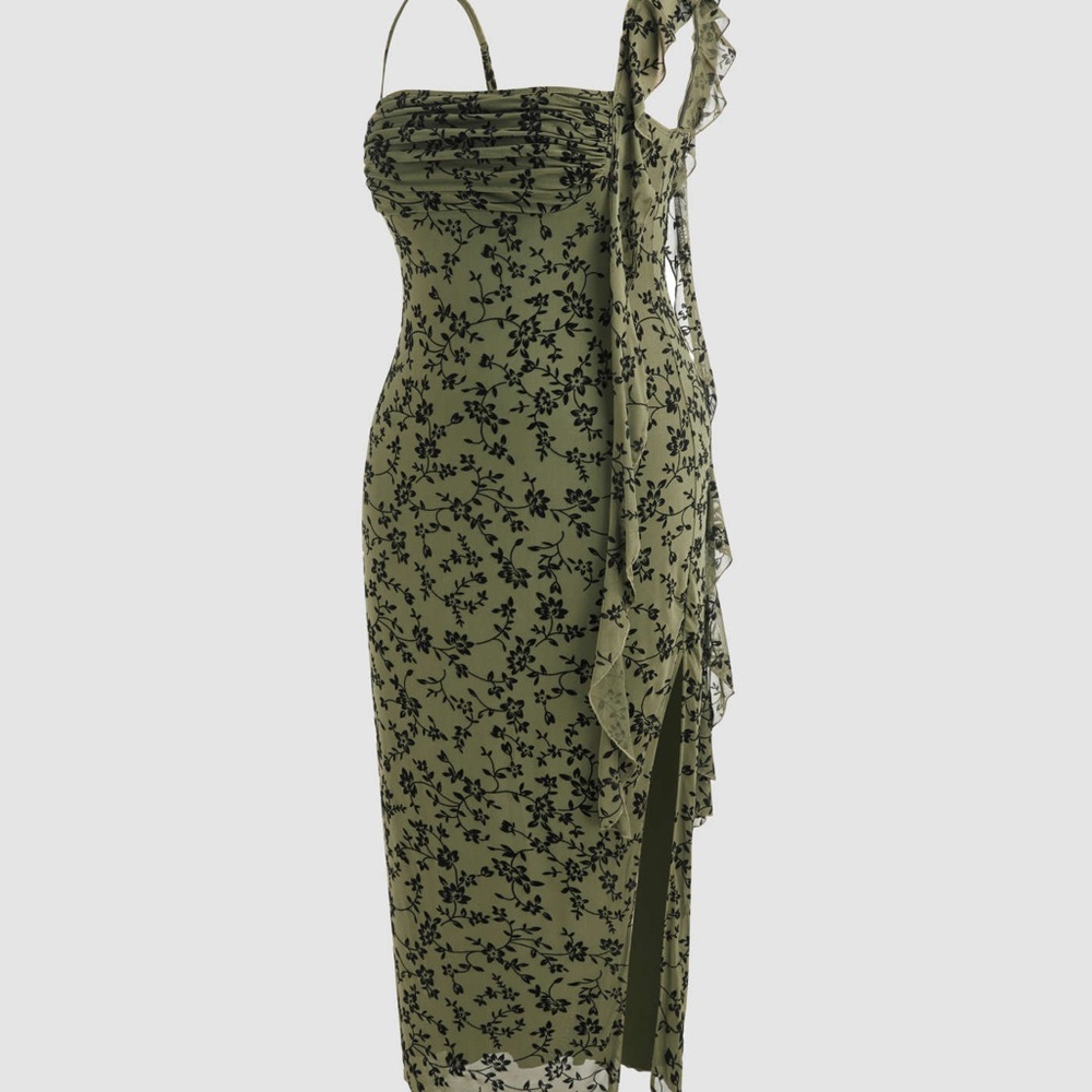 Cider Olive Green Floral Maxi Dress with Black Print
